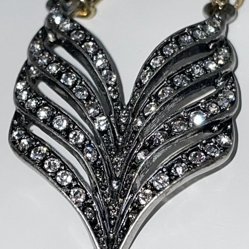 Feather Earrings Silver & Gold Tone Crystal Long Drop Statement Signed ls A246‎